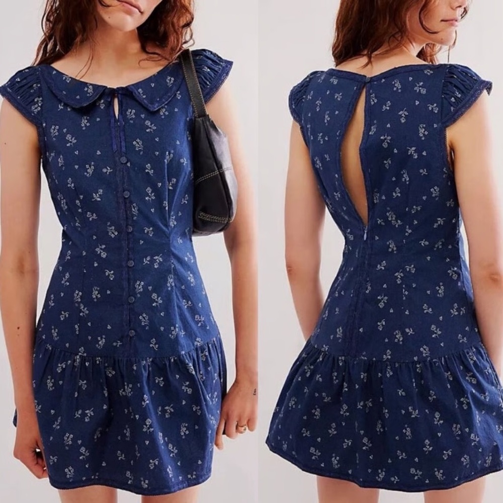 Free People Floral Drop Waist “Beasley Mini Dress”